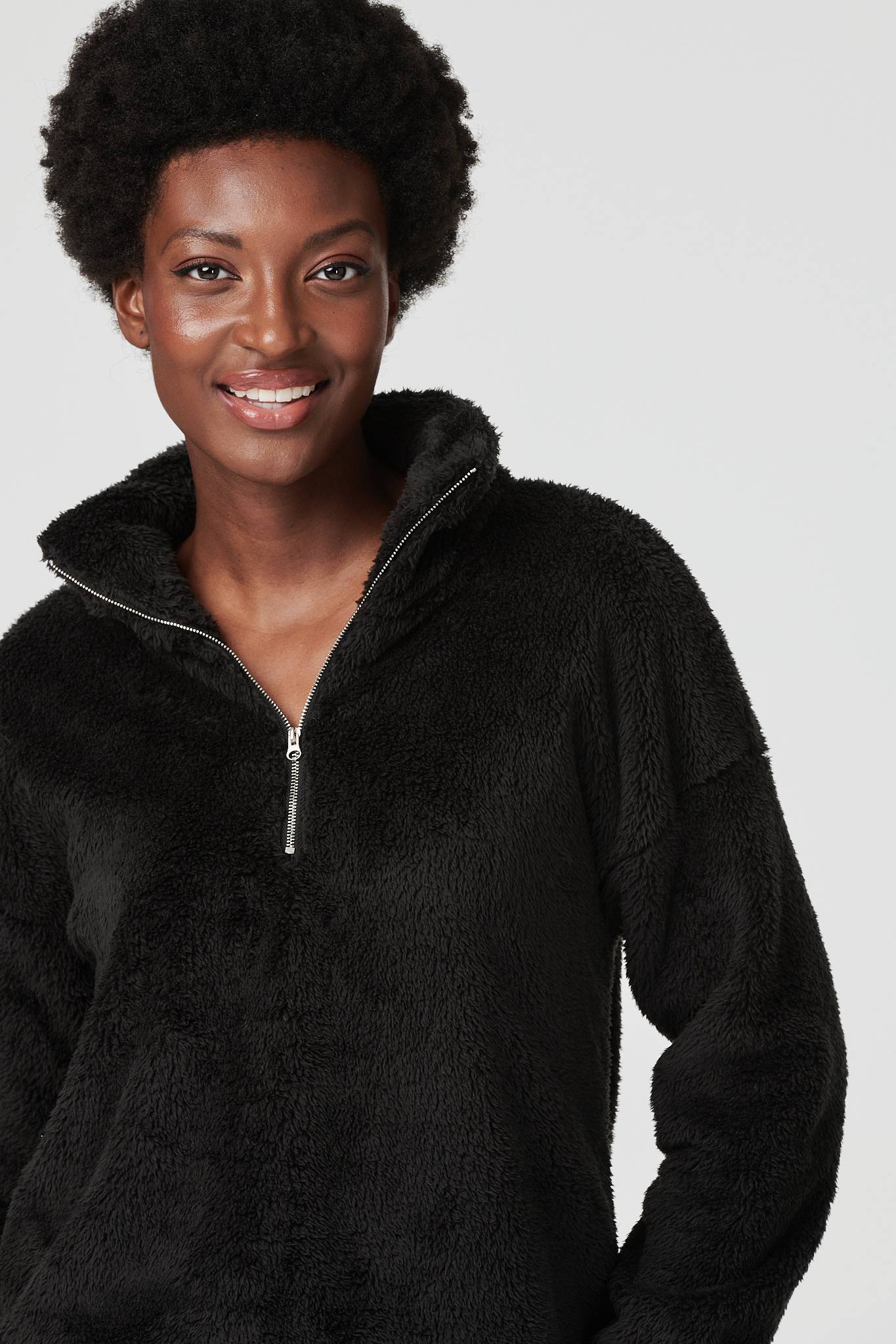 Black | Faux Fur 1/2 Zip Front Jumper