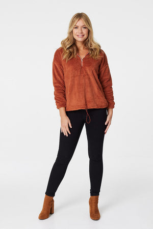 Brown | Faux Fur 1/2 Zip Front Jumper