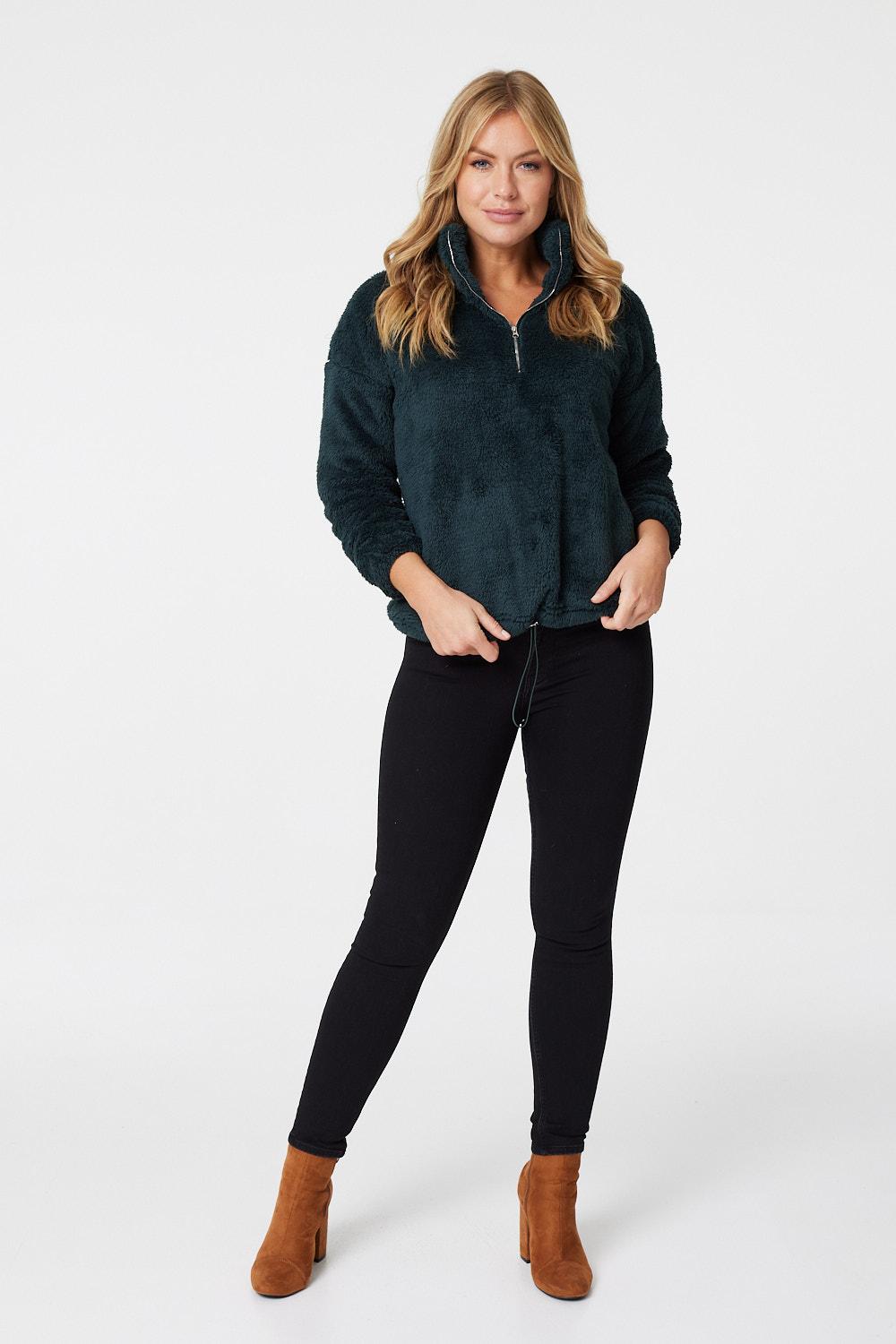 Dark Green | Faux Fur 1/2 Zip Front Jumper