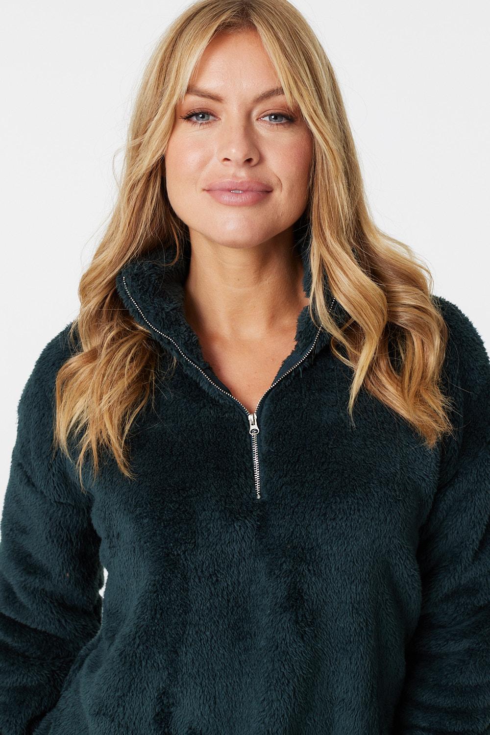 Dark Green | Faux Fur 1/2 Zip Front Jumper