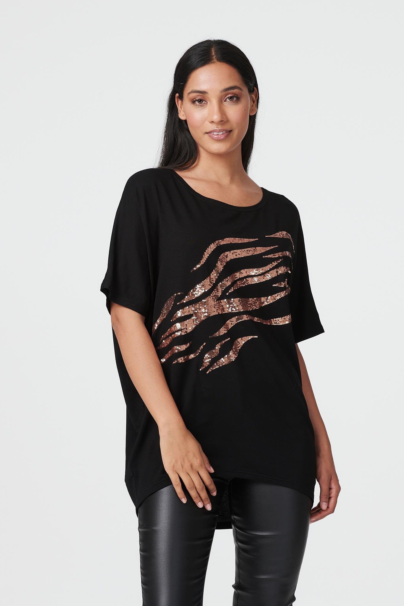 Black | Zebra Stripe Sequin T-Shirt