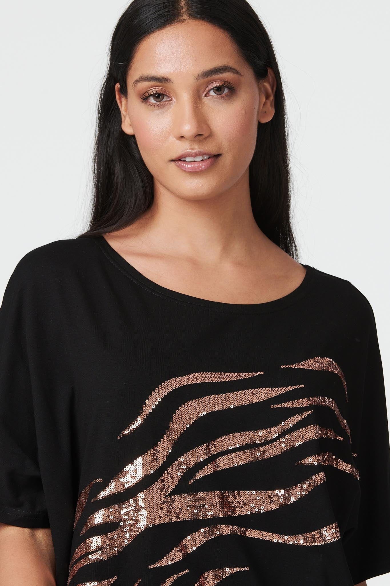 Black | Zebra Stripe Sequin T-Shirt