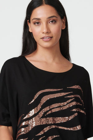Black | Zebra Stripe Sequin T-Shirt