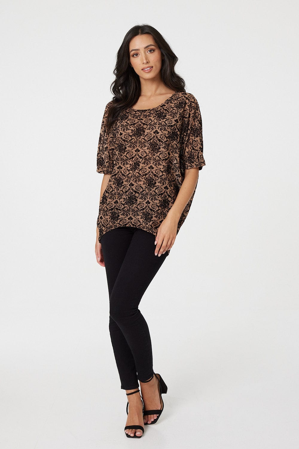 Beige | Printed Batwing Oversized Top