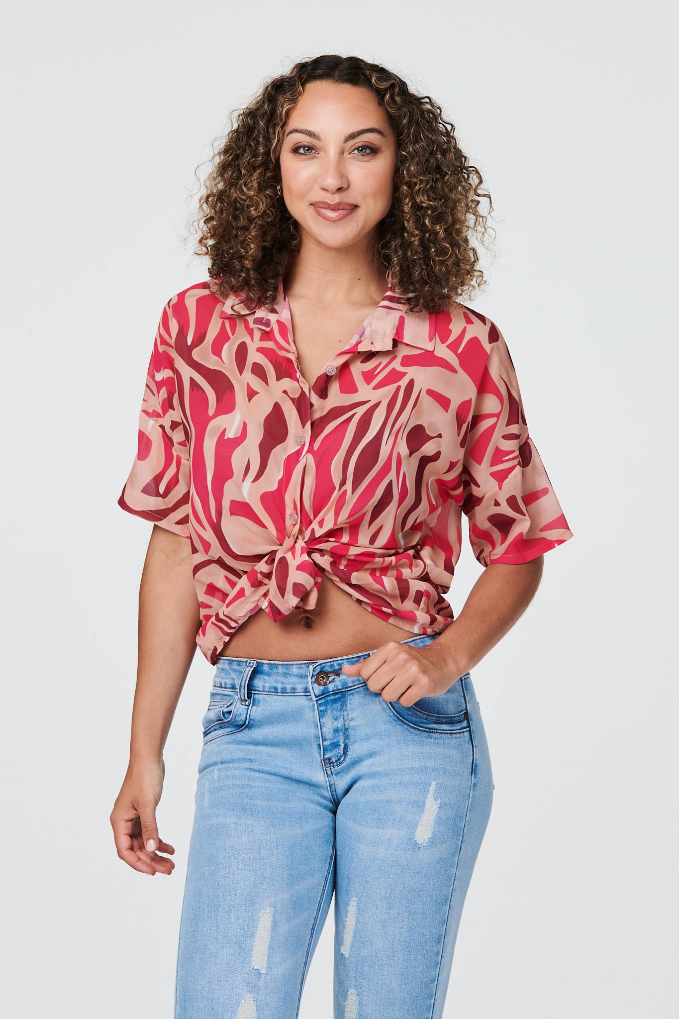 Red | Printed Short Sleeve Button-Up Shirt