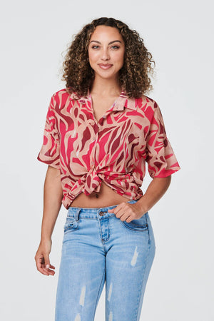 Red | Printed Short Sleeve Button-Up Shirt
