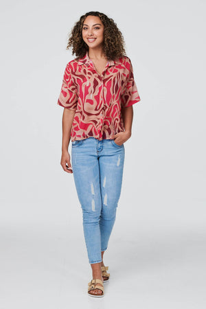 Red | Printed Short Sleeve Button-Up Shirt