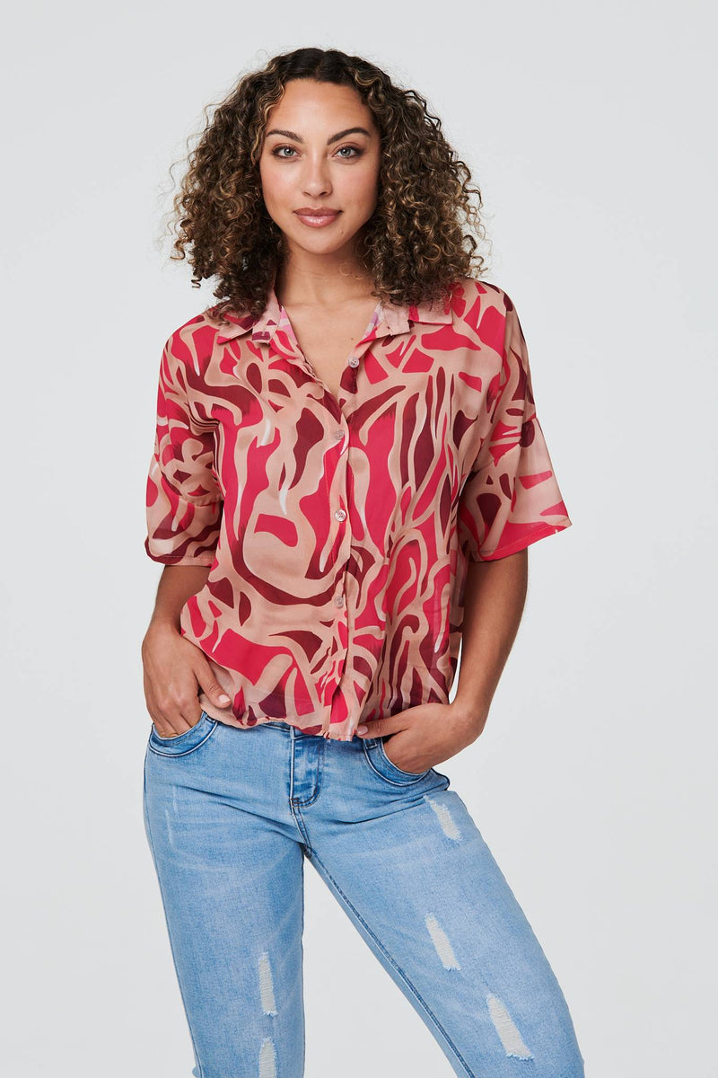 Red | Printed Short Sleeve Button-Up Shirt
