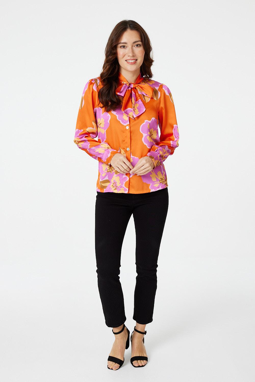 Orange | Floral Tie Detail Long Sleeve Blouse