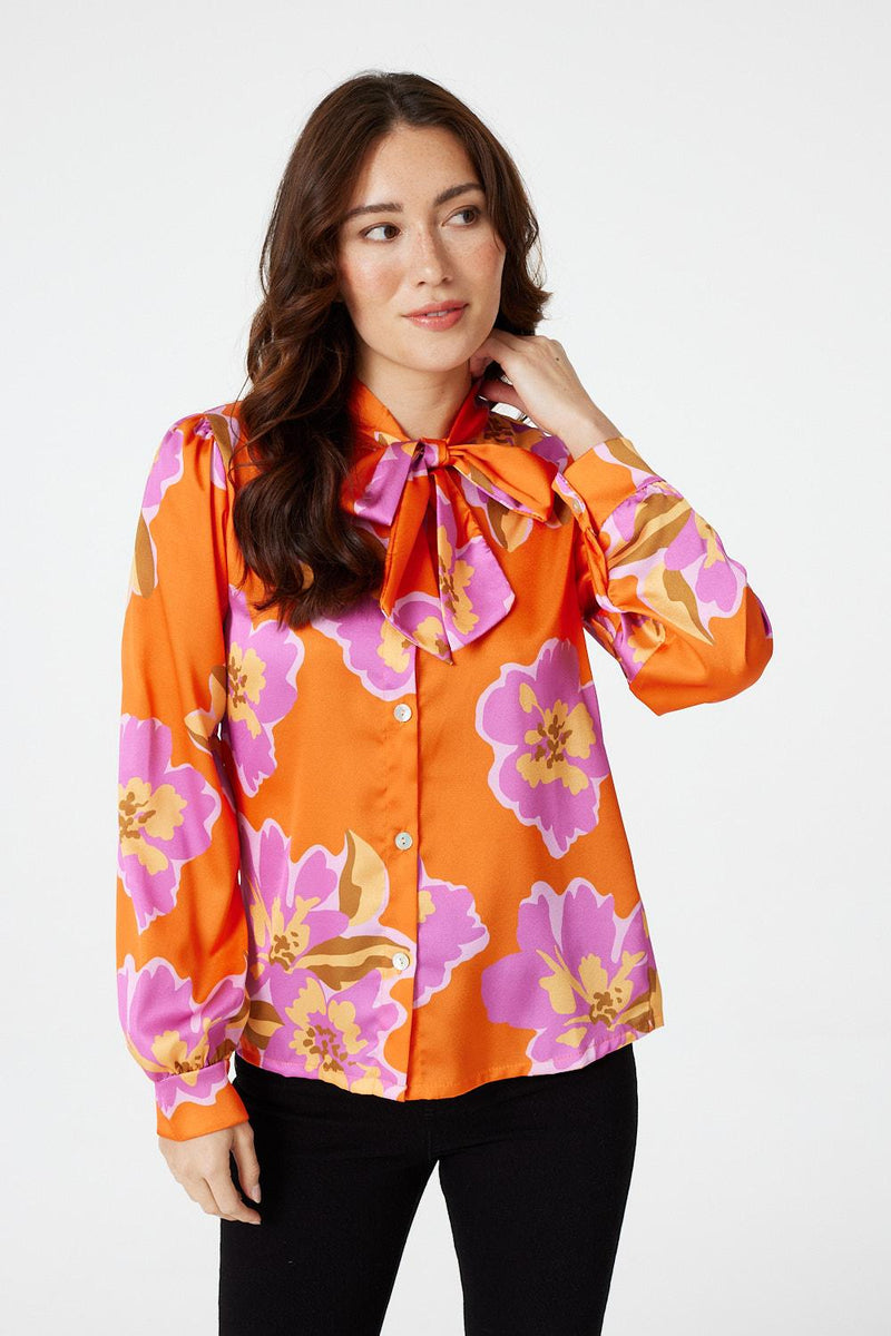 Orange | Floral Tie Detail Long Sleeve Blouse