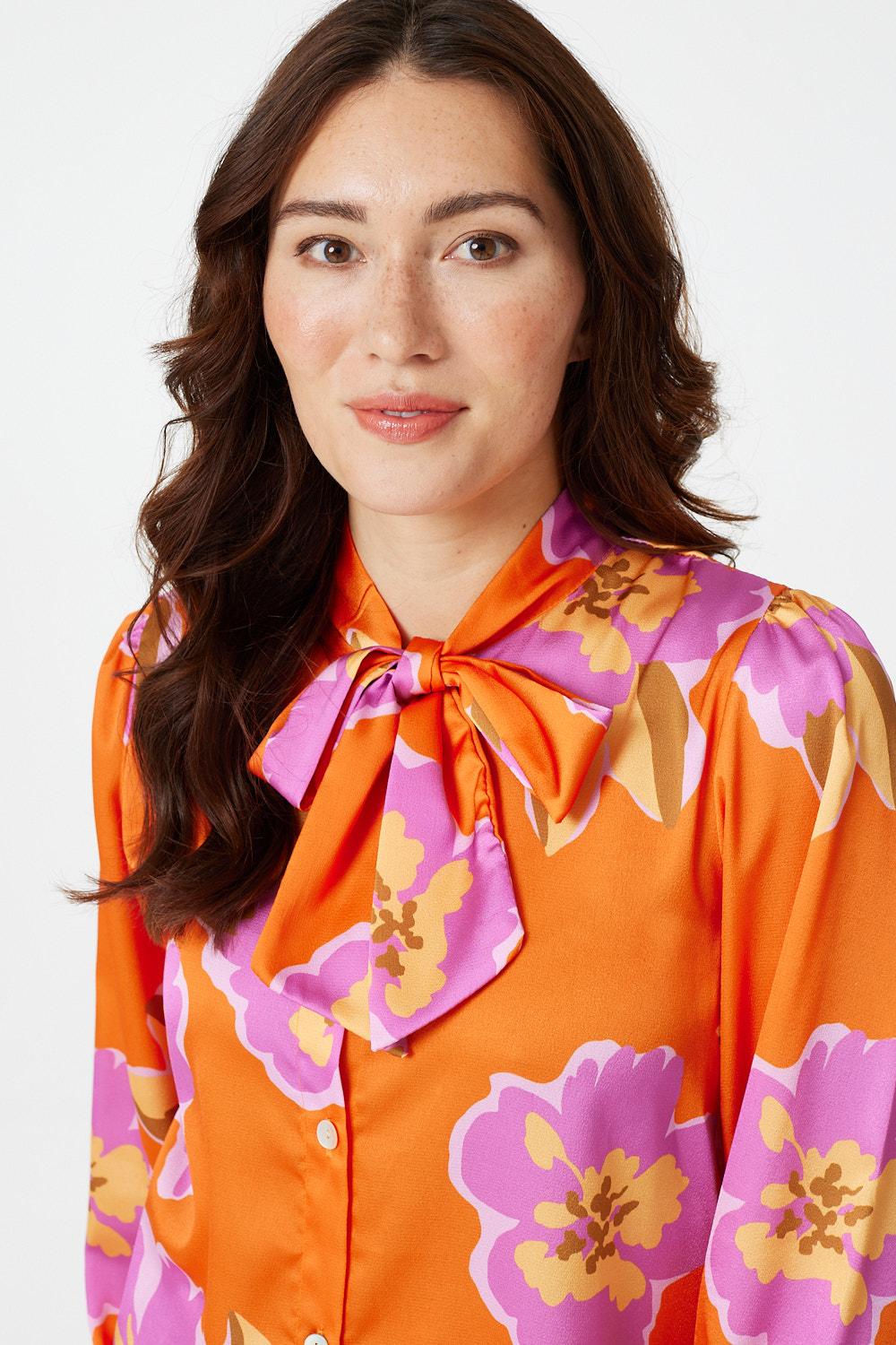 Orange | Floral Tie Detail Long Sleeve Blouse