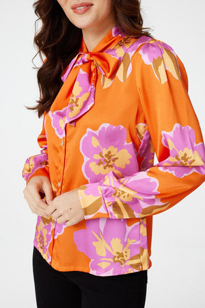 Orange | Floral Tie Detail Long Sleeve Blouse