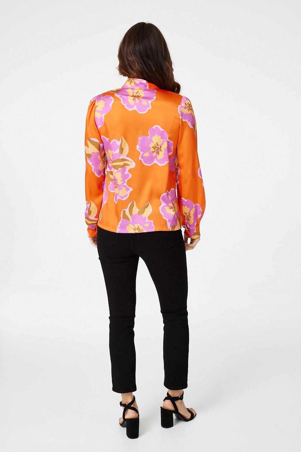 Orange | Floral Tie Detail Long Sleeve Blouse