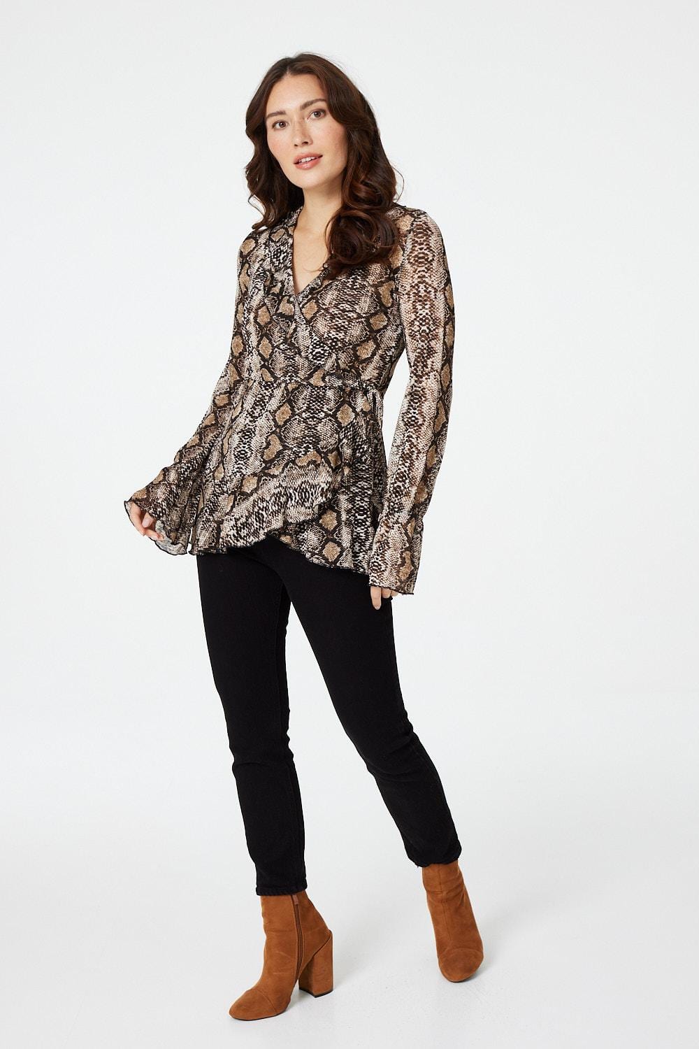 Brown | Snake Print Long Sleeve Blouse