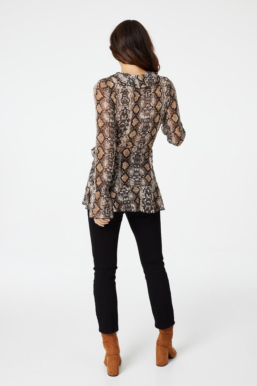 Brown | Snake Print Long Sleeve Blouse