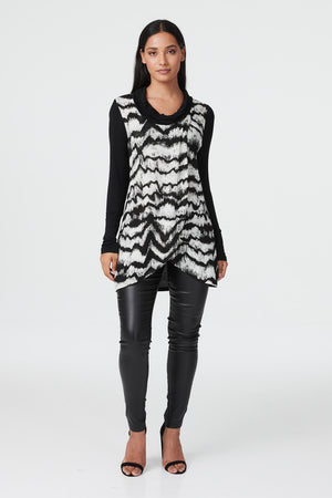 Black And White | Tie Dye Long Sleeve Cowl Neck Top
