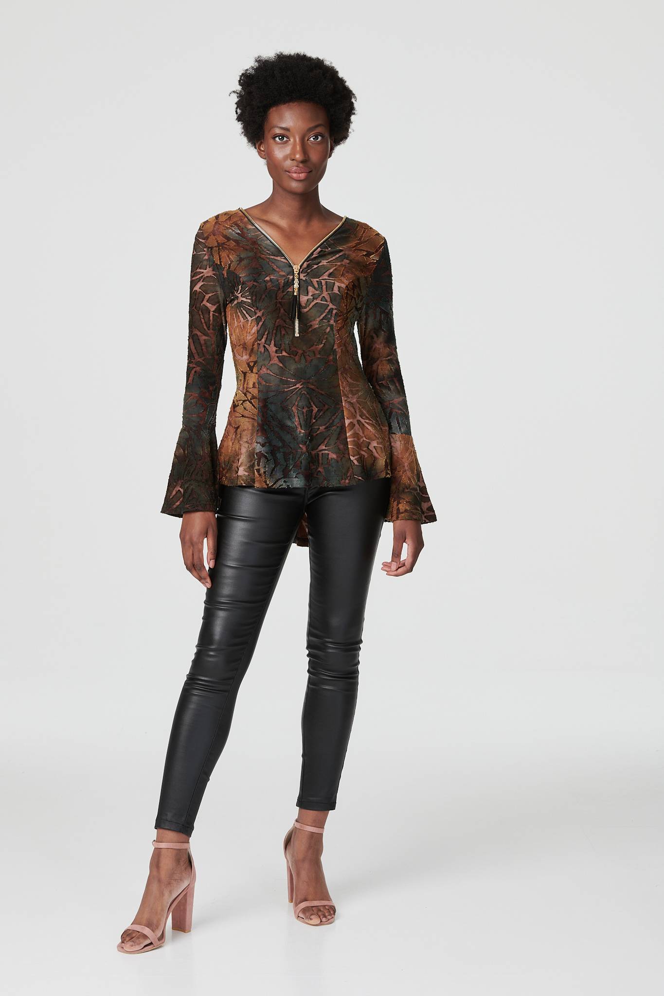 Brown | Tie Dye Zip Front Peplum Top
