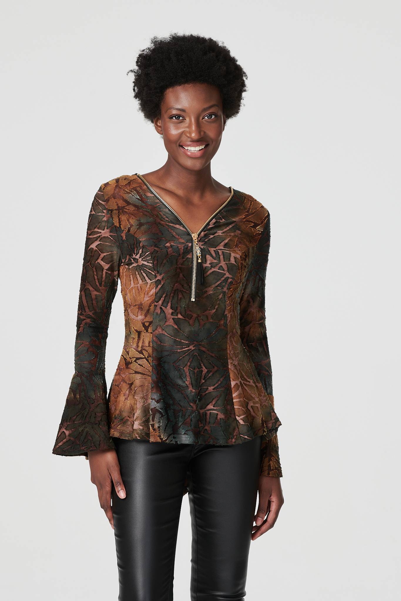 Brown | Tie Dye Zip Front Peplum Top