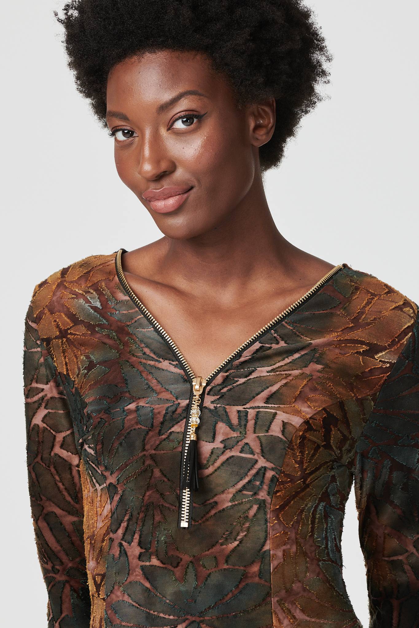 Brown | Tie Dye Zip Front Peplum Top