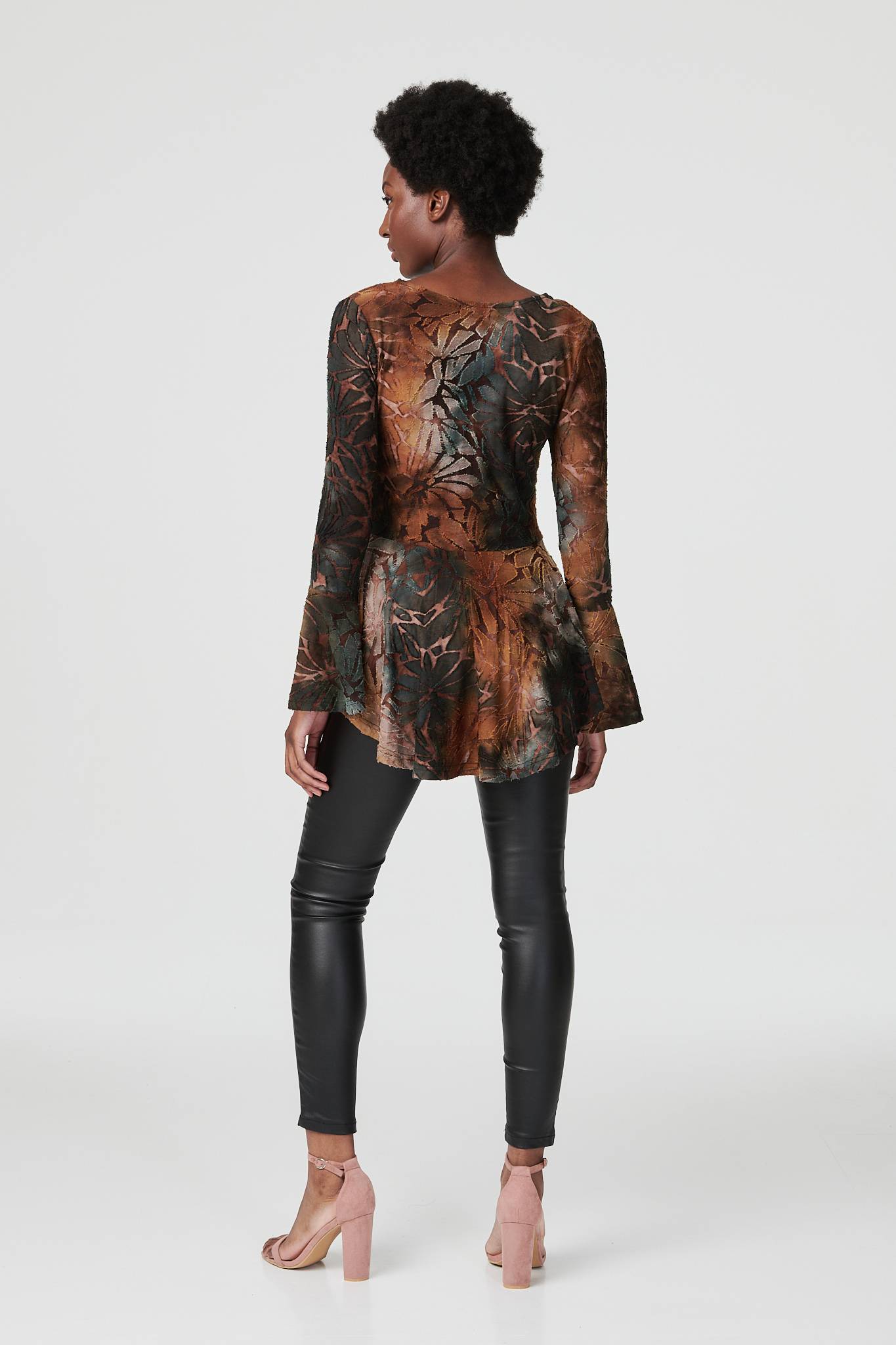 Brown | Tie Dye Zip Front Peplum Top