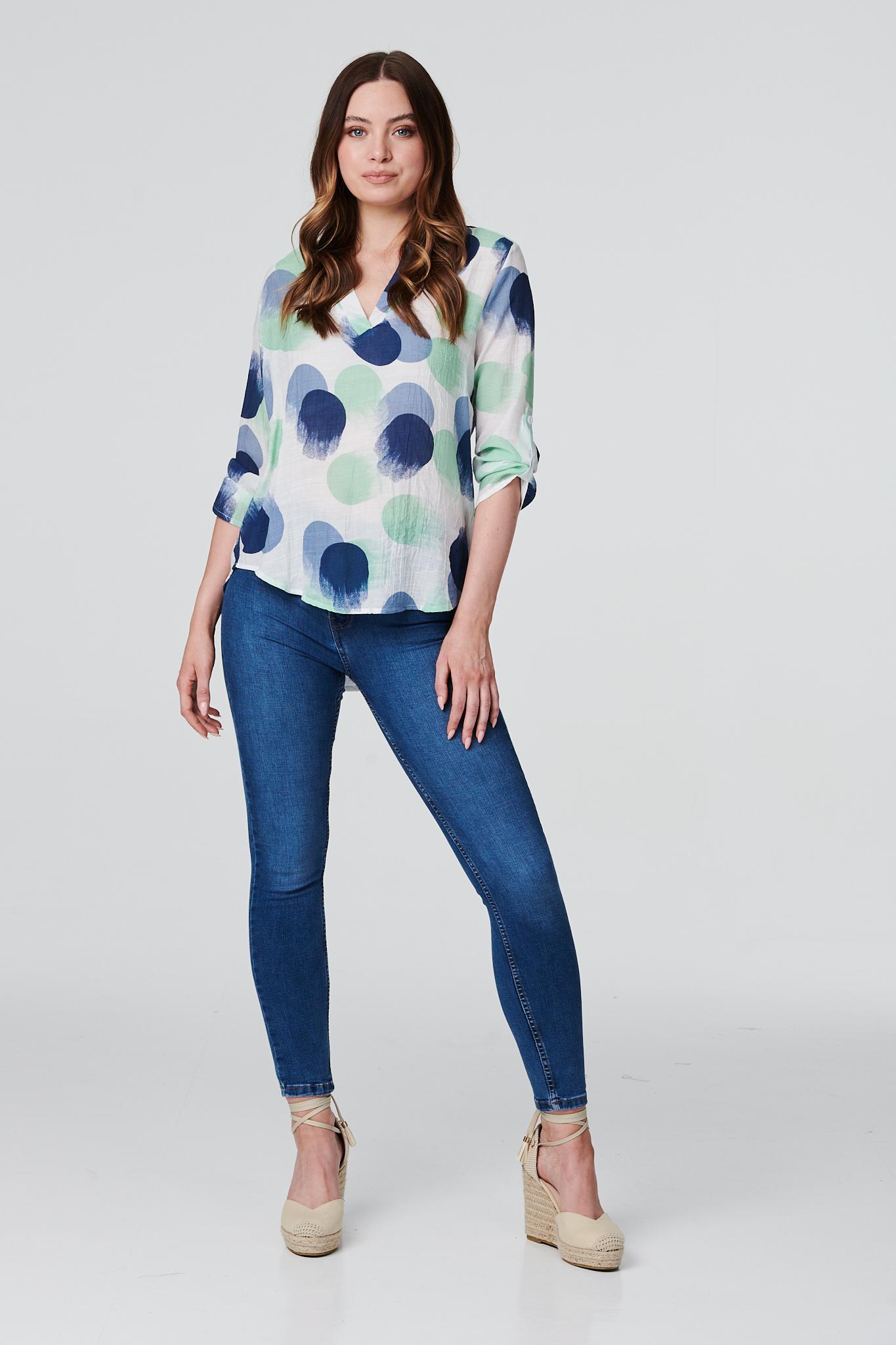 Green | Polka Dot V-Neck Blouse Top