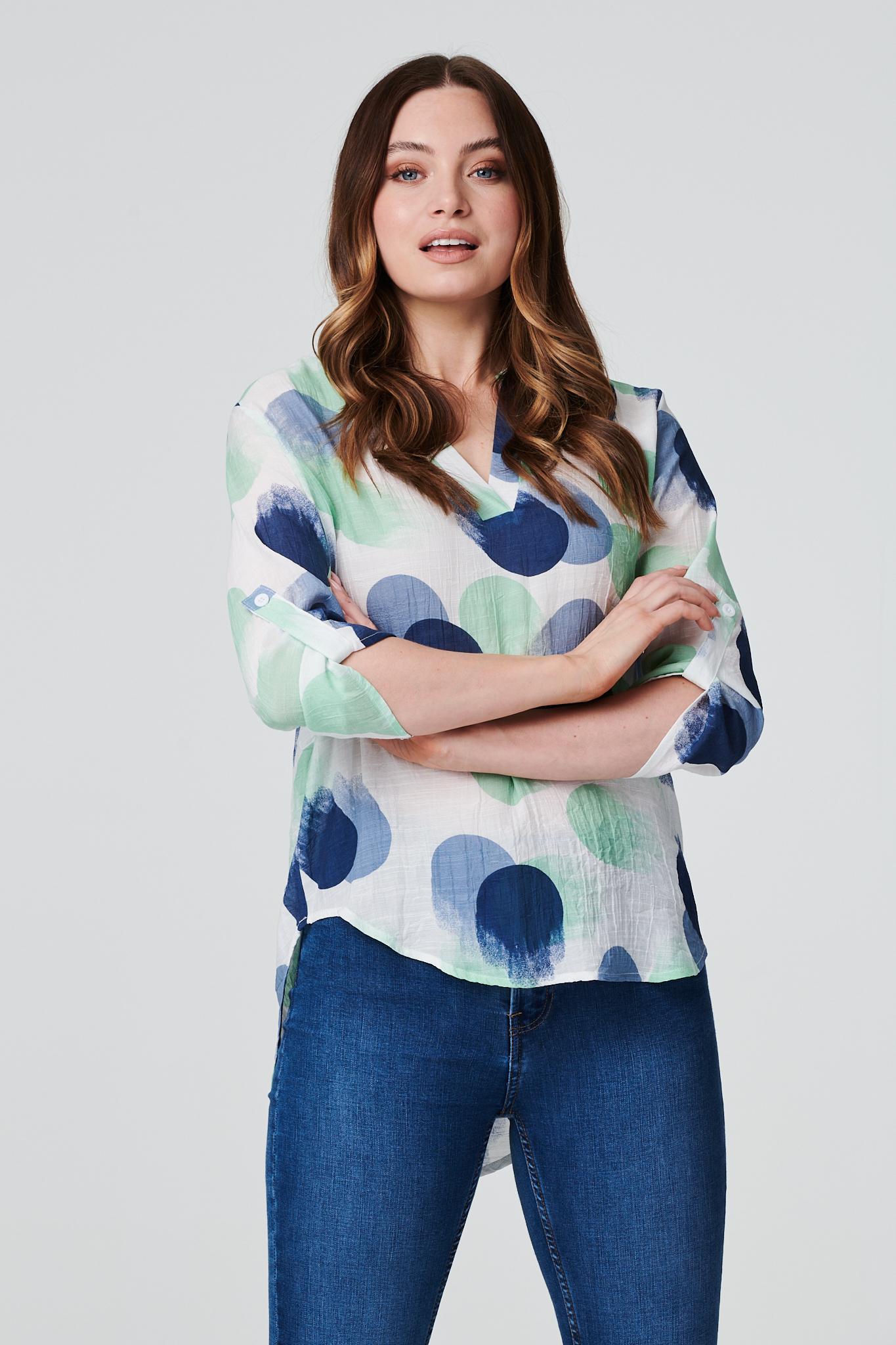 Green | Polka Dot V-Neck Blouse Top