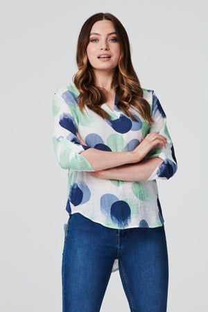 Green | Polka Dot V-Neck Blouse Top