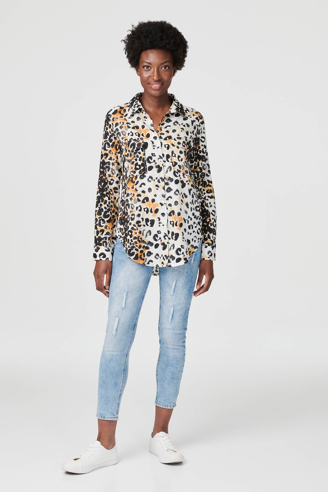 Orange | Leopard Print Button Front Shirt