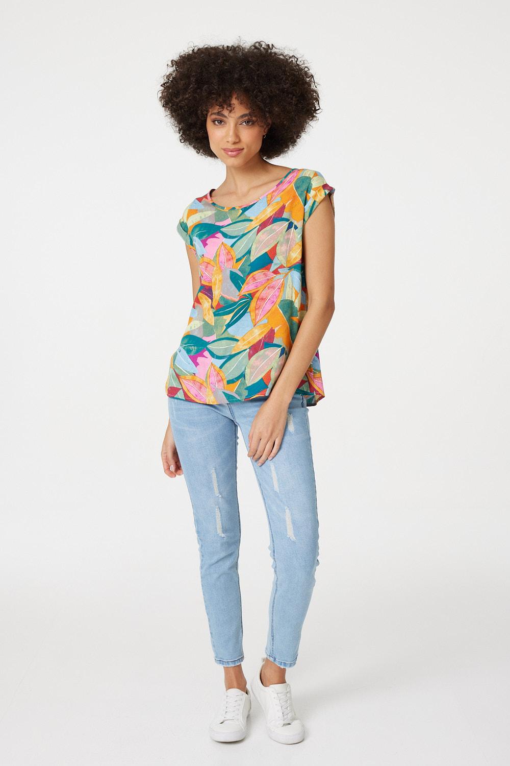 Blue | Leaf Print Short Sleeve Top