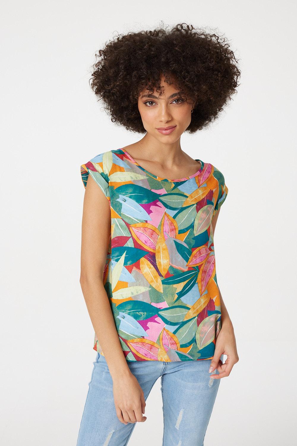 Blue | Leaf Print Short Sleeve Top