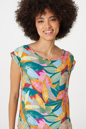 Blue | Leaf Print Short Sleeve Top