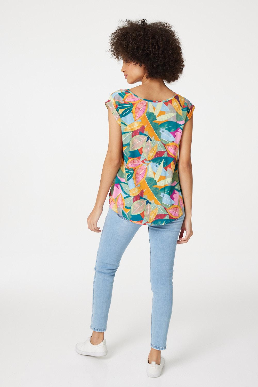 Blue | Leaf Print Short Sleeve Top