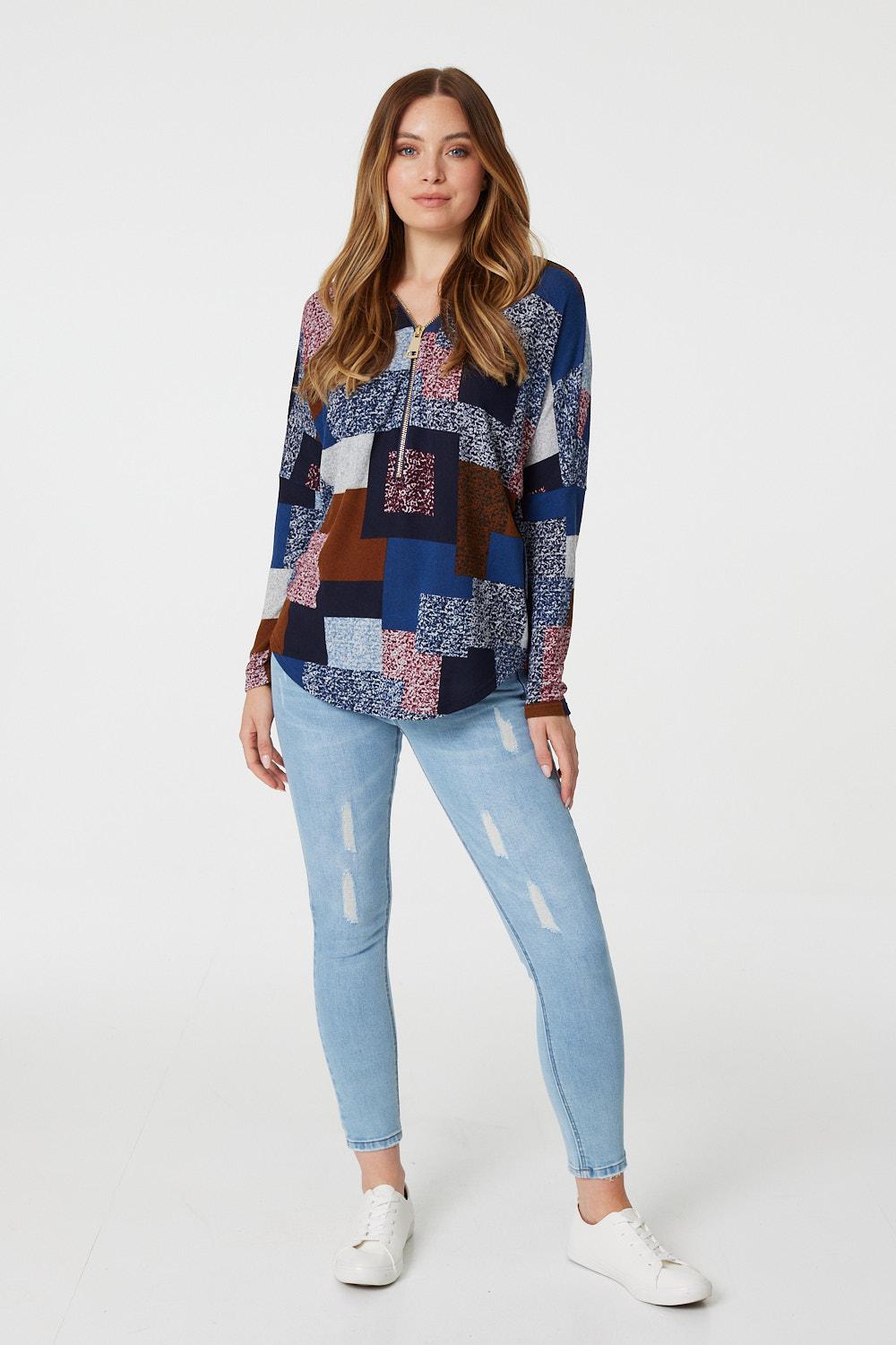 Blue | Printed Zip Front Slouchy Jumper