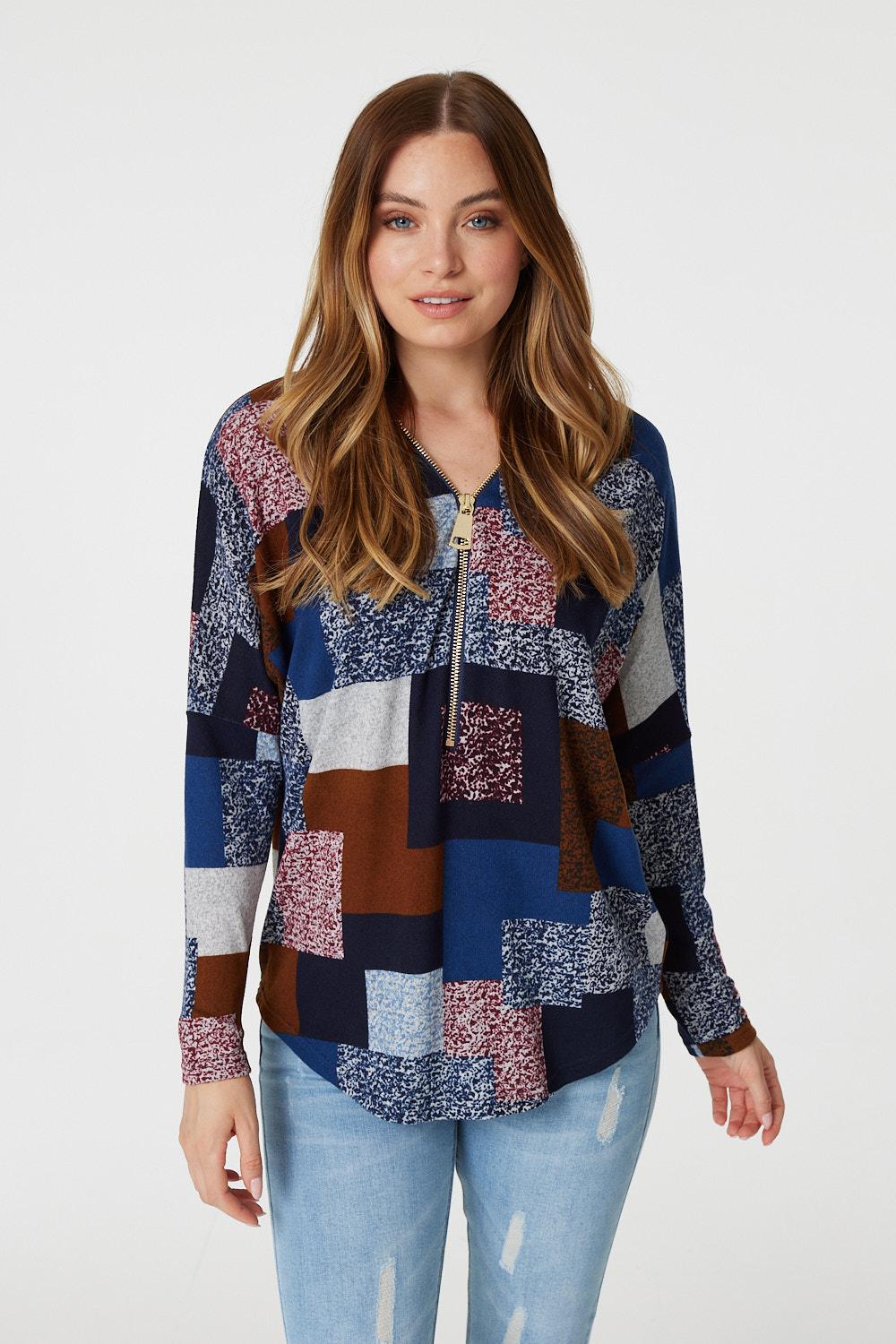 Blue | Printed Zip Front Slouchy Jumper