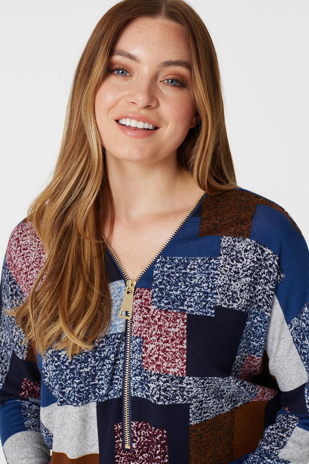 Blue | Printed Zip Front Slouchy Jumper