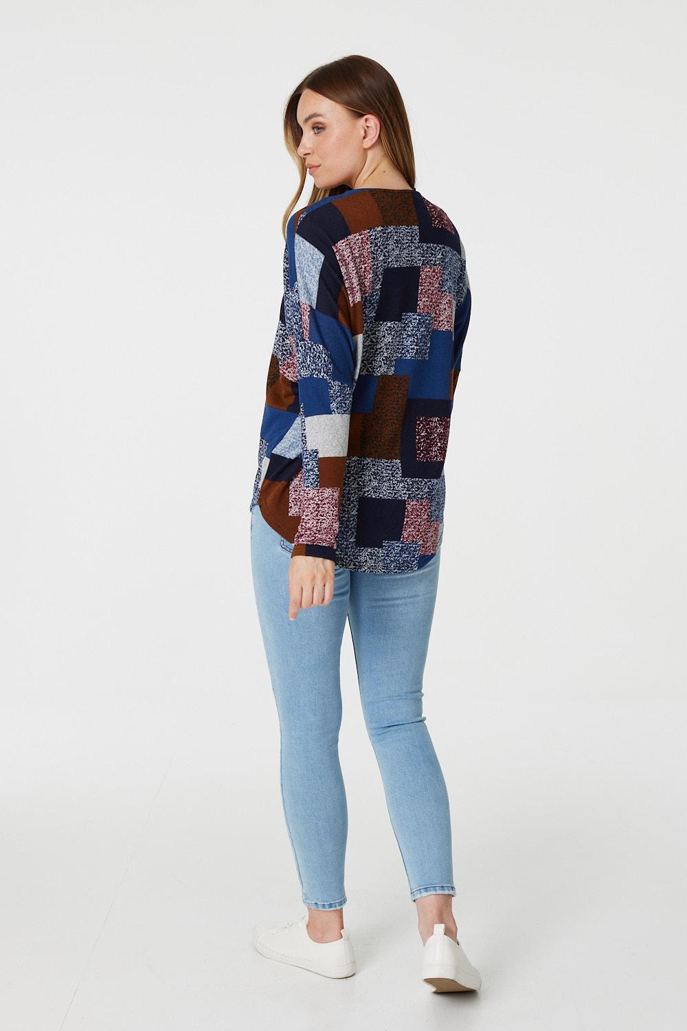 Blue | Printed Zip Front Slouchy Jumper