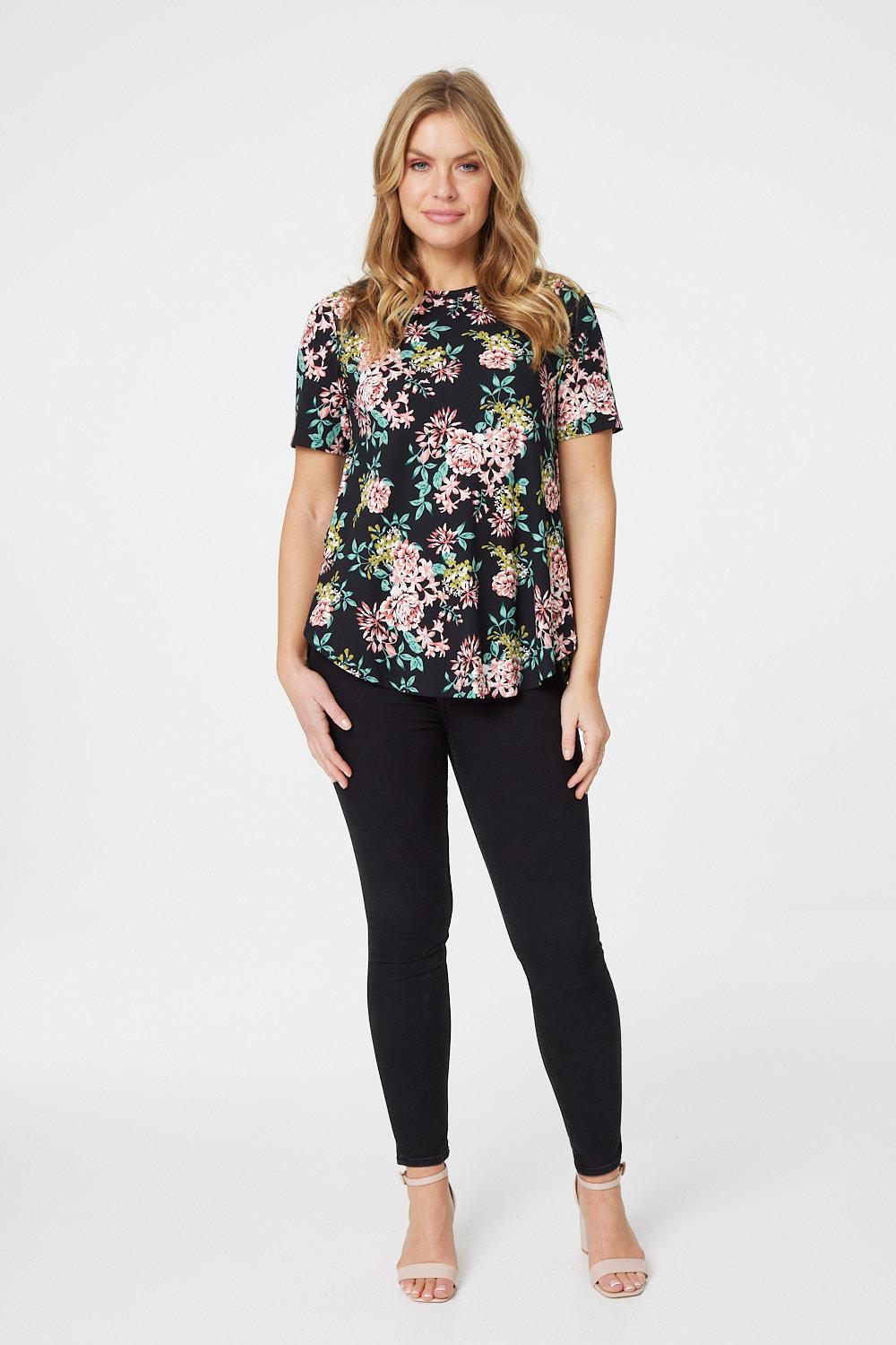 Black | Floral Curve Hem T-Shirt