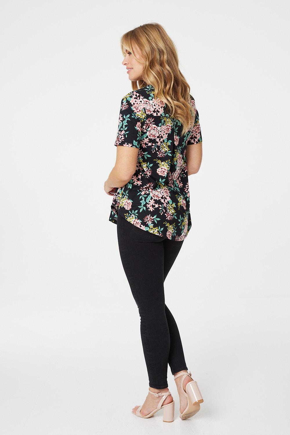 Black | Floral Curve Hem T-Shirt
