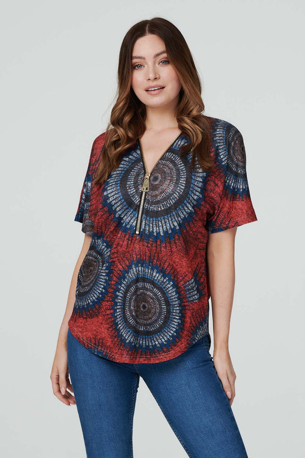 Red | Tie Dye Zip Front Top