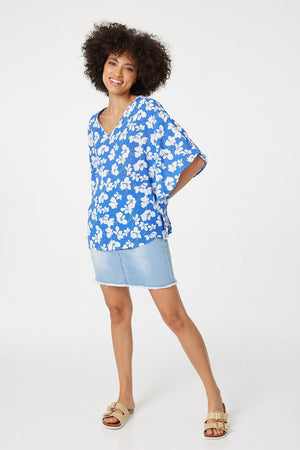 Blue | Floral Batwing Blouse Top