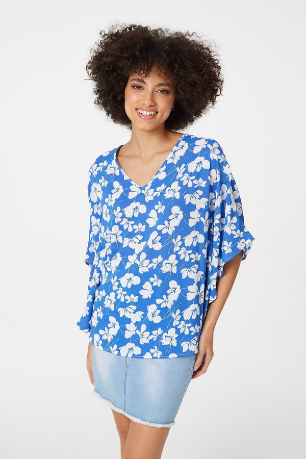 Blue | Floral Batwing Blouse Top