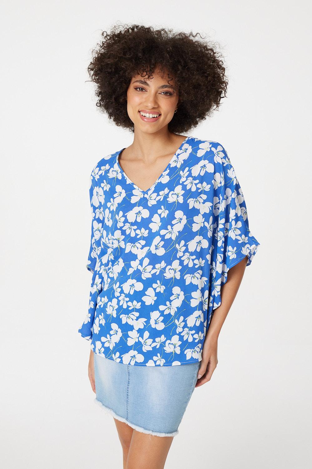 Blue | Floral Batwing Blouse Top
