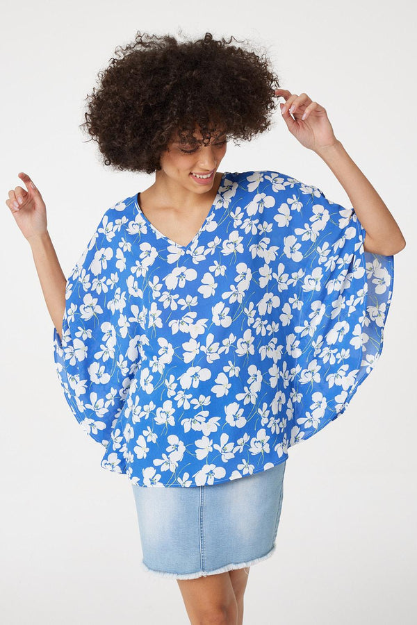 Blue | Floral Batwing Blouse Top
