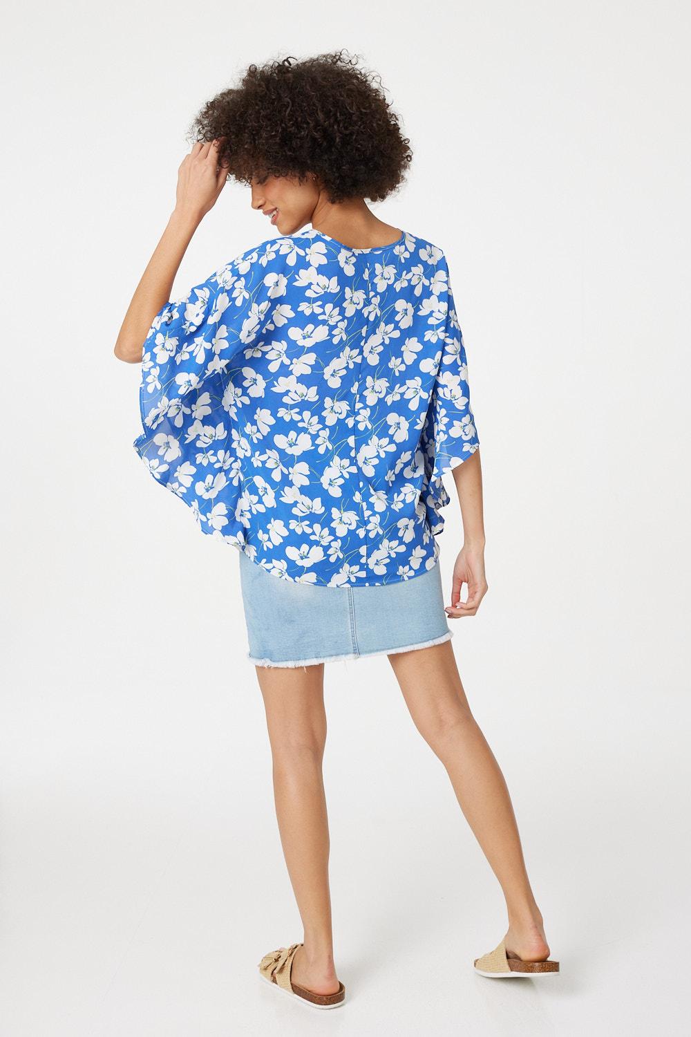 Blue | Floral Batwing Blouse Top