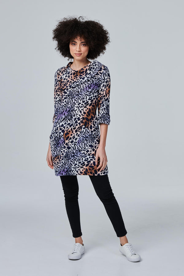 Brown | Animal Print Cowl Neck Tunic Top