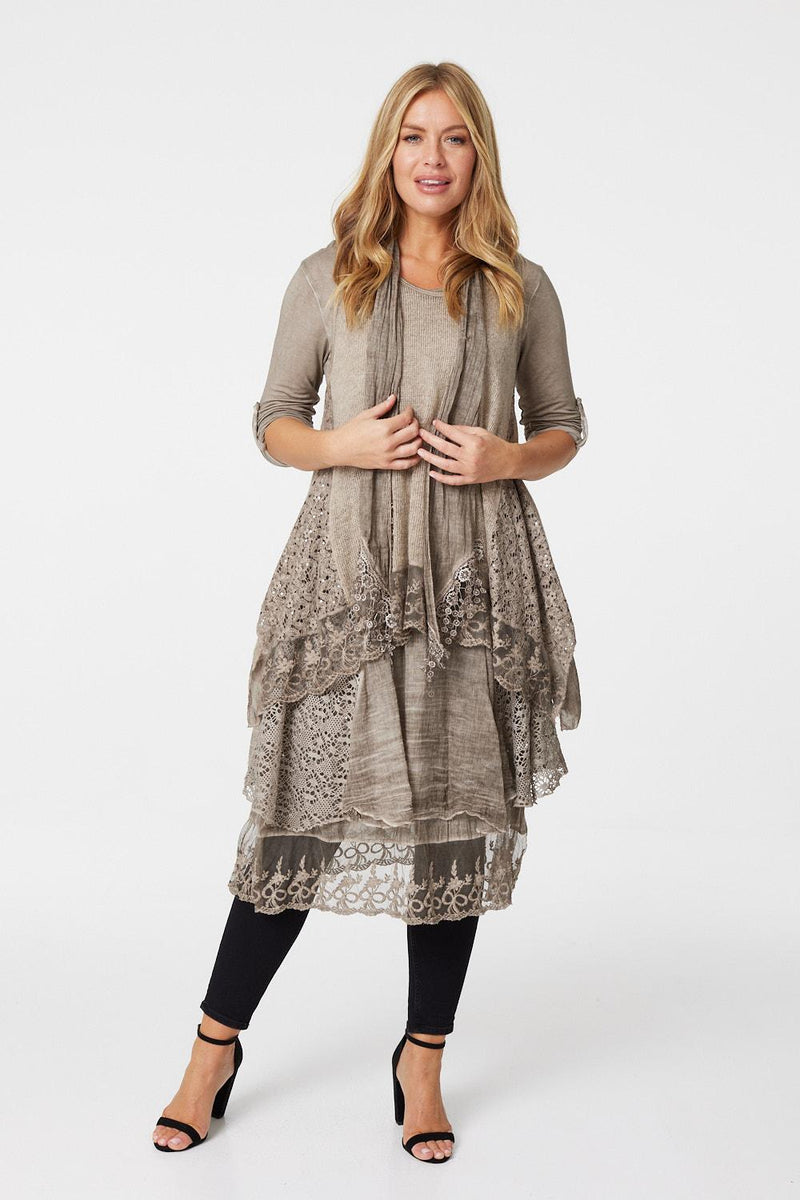 Brown | Lace Detail Oversized Tunic Top
