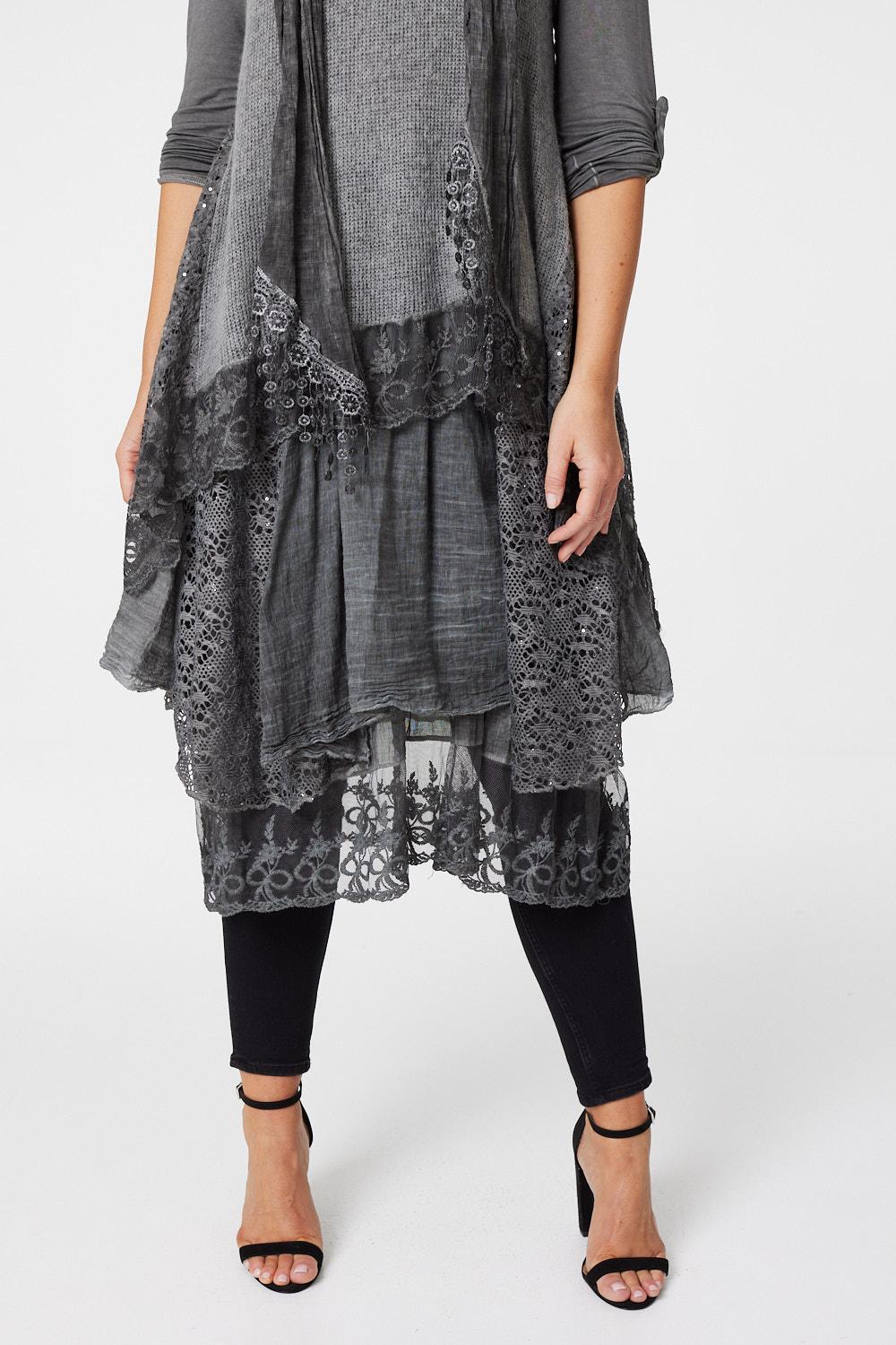 Grey | Lace Detail Oversized Tunic Top