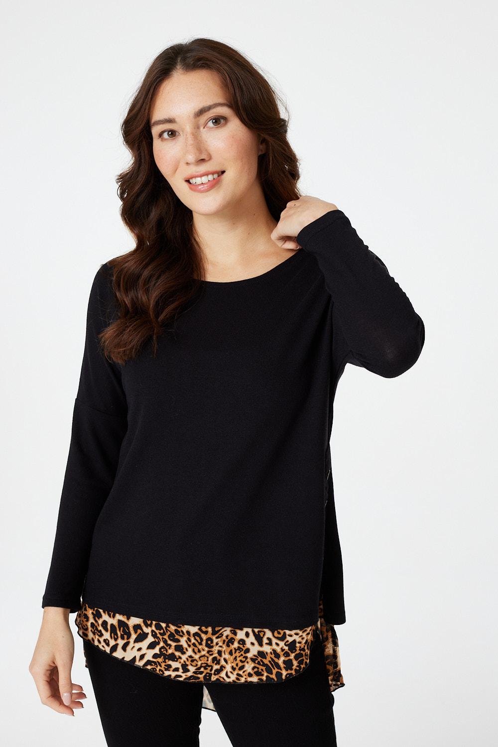 Black | Animal Print Long Sleeve T-Shirt : Model is 5'8.5"/174 cm and wears UK8/EU36/US4/AUS8