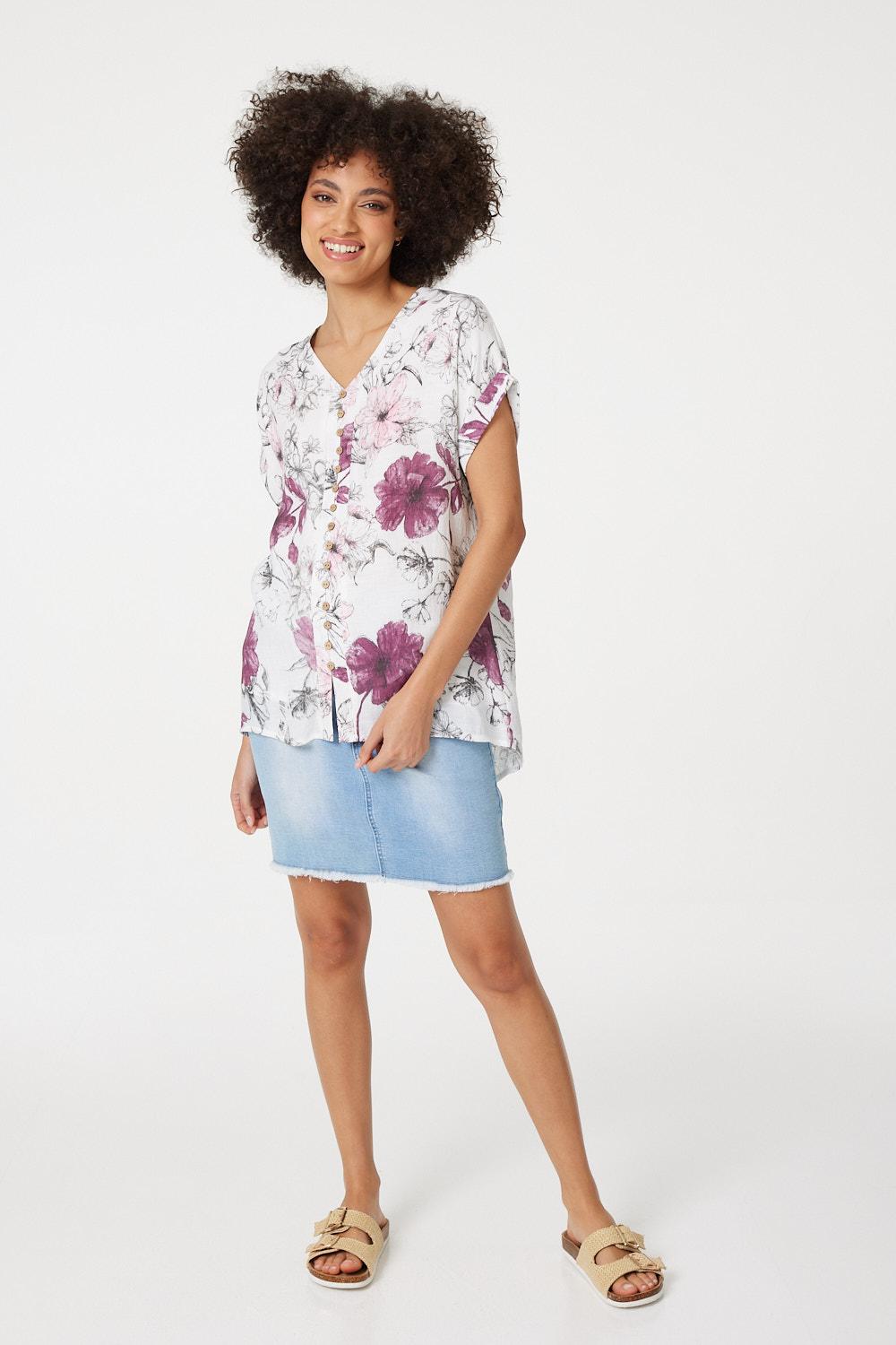 Pink | Floral Button Front Blouse 