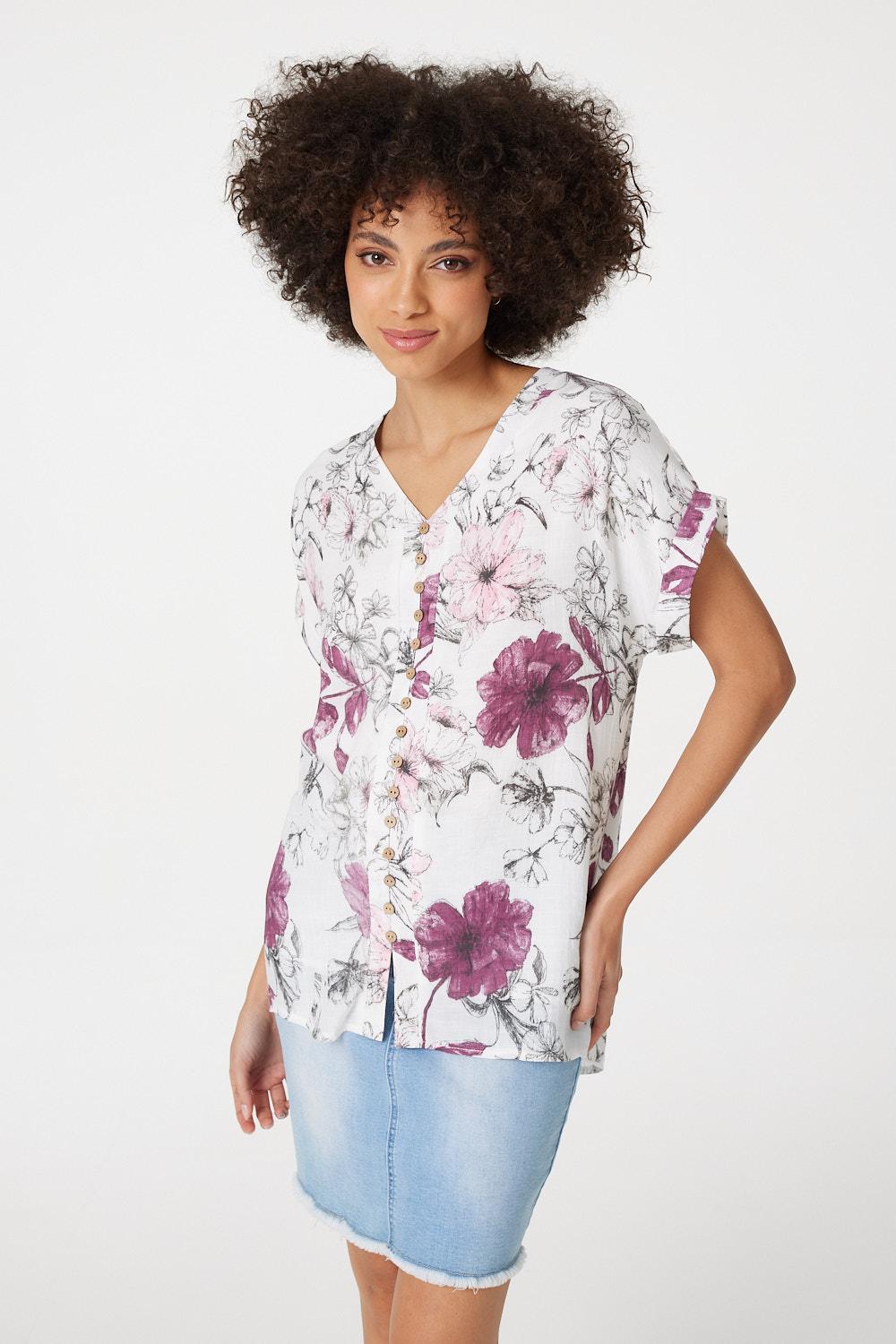 Pink | Floral Button Front Blouse 